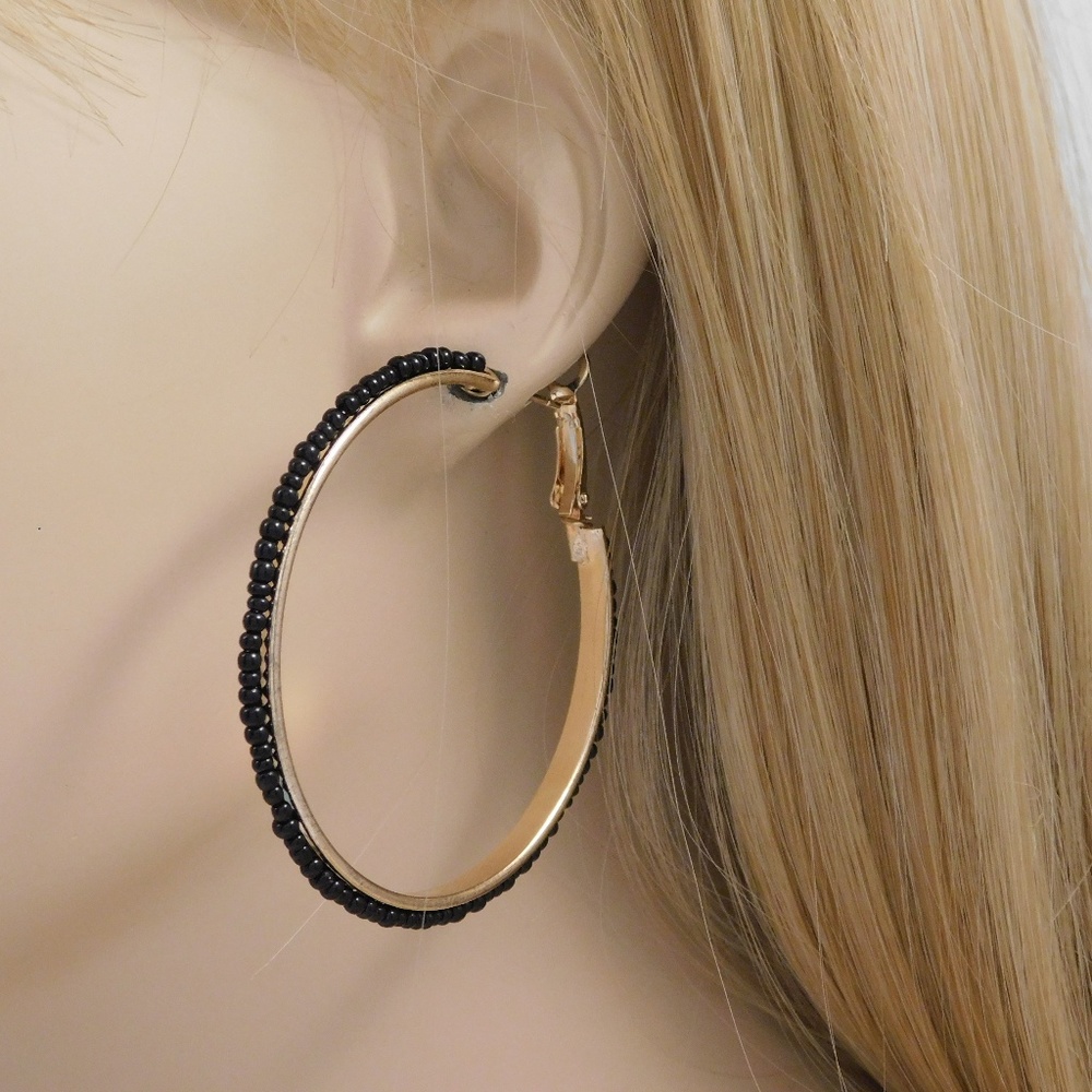 Large Gold & Black Beaded Hoops